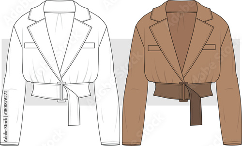 Women's cropped jacket with waist belt detail fashion technical drawing, illustration. Stylish blazer jacket vector. CAD, Mockup set.