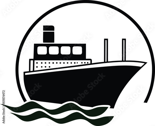 Black and white illustration of a cruise ship sailing through waves vector