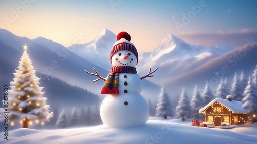 Animated image of a happy snowman wearing a scarf and knitted hat. Snowy background, Christmas tree.マフラーとニット帽をつけた楽しそうな雪だるまのアニメーション素材。雪景色の背景、クリスマスツリー。