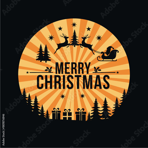 Circular graphic design featuring a silhouette of Santa Claus in his sleigh pulled by reindeer, with Christmas trees and gift boxes against a sunburst background.