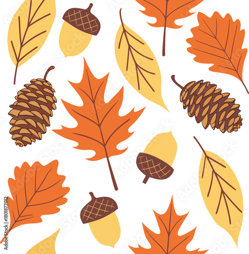 Autumn Fall Leaves Acorns Pinecones Seamless Pattern Vector