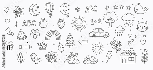 Collection of whimsical hand drawn doodle illustrations in black and white