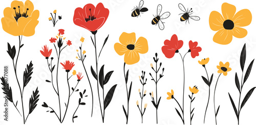 Red and yellow tulips and poppies blossom in a vibrant spring meadow with green grass