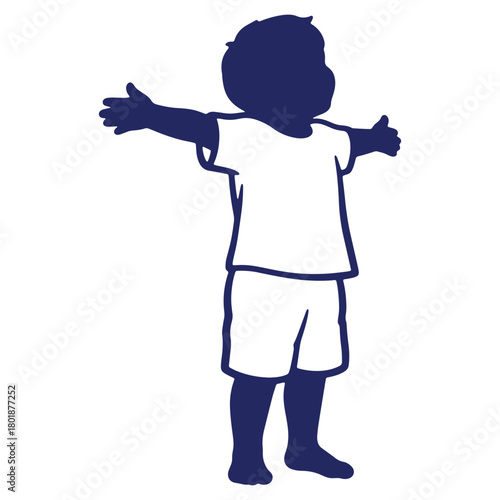 Silhouette of a happy toddler in a tshirt and shorts with arms outstretched and ready for a hug or playtime