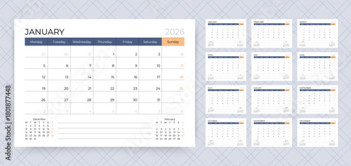 2026 calendar. Planner template. Week starts Monday. Desk schedule grid. Yearly calender organizer. Table monthly diary layout with 12 month. Vector illustration. Horizontal design. Paper size A5.