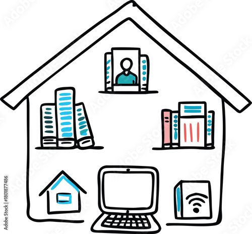 Hand drawn illustration of a house interior with a laptop, books, and a person working from home vector