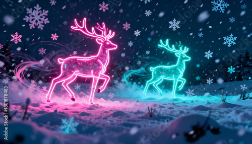 Neon-lit reindeer silhouettes glowing in futuristic cyberpunk snowstorm.