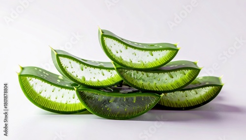 Wallpaper Mural Several fresh, green aloe vera slices are stacked against a clean white background, showcasing their translucent gel interior. Torontodigital.ca