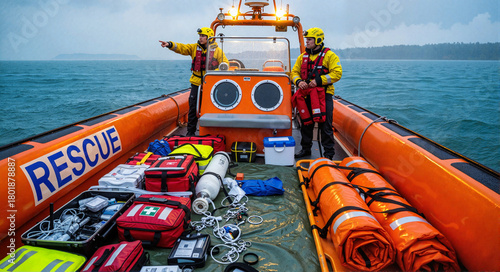 Rescue workers on an orange rescue boat with medical supplies prepared for emergency situations
