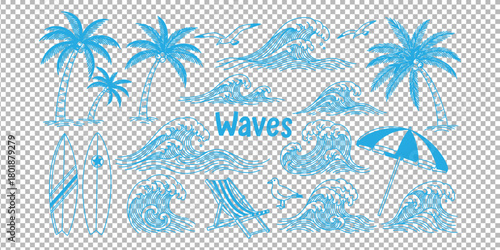 Dreamy summer beach doodles featuring waves, palm trees, surfboards, and beach chairs, perfect for design