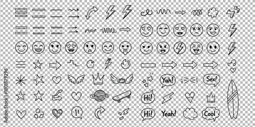 Cool doodle elements for social media content and branding projects with editable lines and transparent background