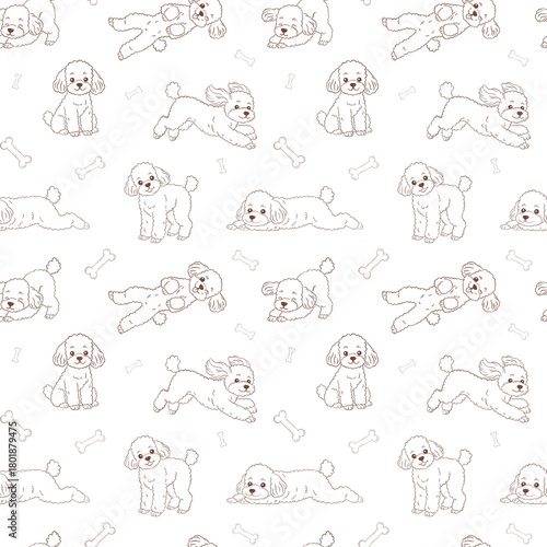 Hand drawn contouring toy poodle seamless pattern isolated on the white background 