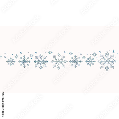 An elegant winter border featuring a decorative line of intricate blue snowflakes on a white background.