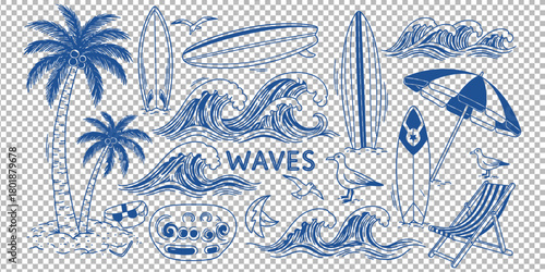 Enjoy summer vibes with surfboards, palm trees and crashing ocean waves for vacation designs