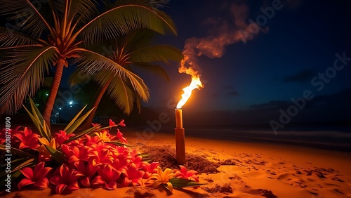 cryptogram. Tropical flowers and a flickering torch on a night beach. lifestyle magazines, social media lookbooks, designed for influencer and brand collaborations, drives engagement.