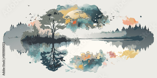 Abstract watercolor landscape with a solitary tree reflected in a calm lake under a surreal sky