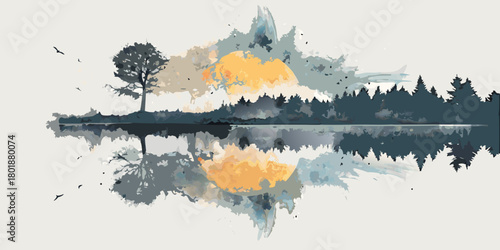 Abstract watercolor landscape with a solitary tree and forest reflected in calm water under a vibrant sun