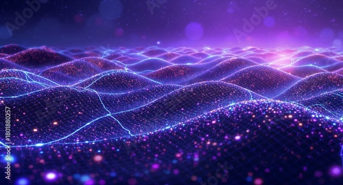 Abstract futuristic neon data landscape with glowing digital waves, particle lights, and sci-fi grid terrain in vibrant purple and blue colors, perfect for modern technology, AI, and virtual world con