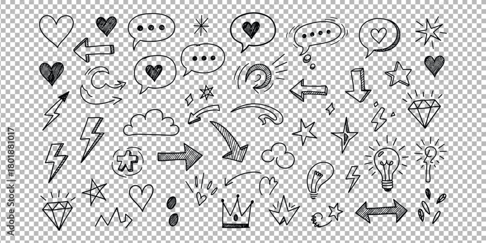 Fototapeta premium Hand drawn icons and symbols like hearts, stars, arrows, clouds, lightbulbs, and crowns for creative projects