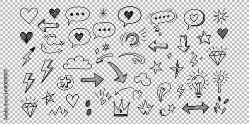 Hand drawn icons and symbols like hearts, stars, arrows, clouds, lightbulbs, and crowns for creative projects