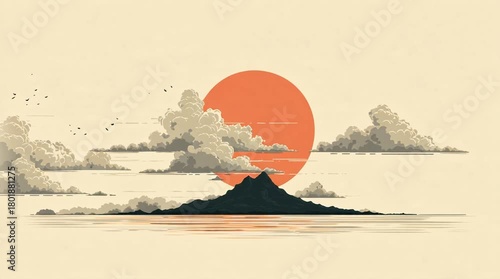 Minimalist Japanese Landscape with Red Sun and Clouds.