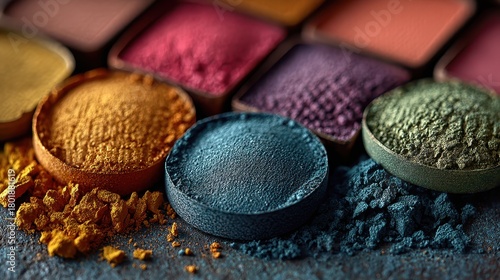 Extreme closeup shows colorful, broken eyeshadow palette pieces creating a textured surface with shades of gold, pink, burgundy, and navy blue