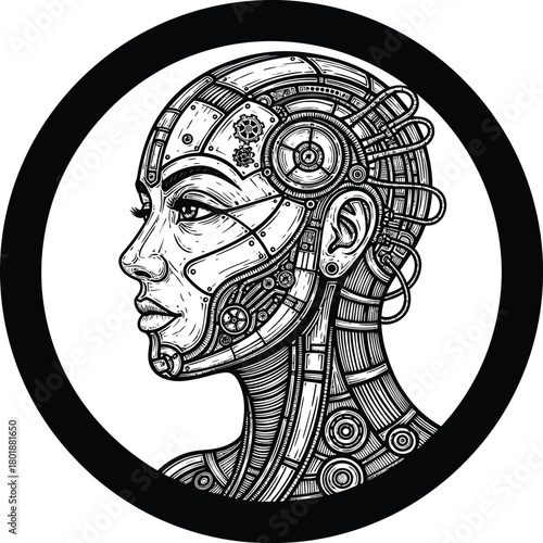 Cyborg woman head illustration ai artificial intelligence robot design eps silhouette