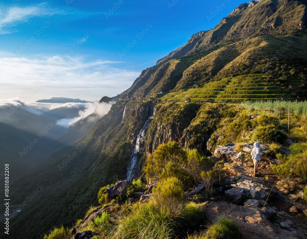 Fototapeta premium Scenic Mountain Landscape with Man Hiking on Rocky Terrain