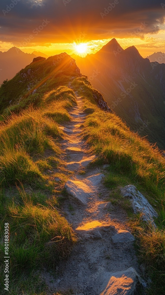 Obraz premium A path stretching towards the horizon, illuminated by the sunrise over the mountain peaks, will serve as an inspiring backdrop for motivational posters or sports brands.