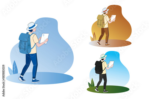 Traveler with Backpack Reading Map Flat Travel Illustration, Adventure Vector Art, Travel Explorer with Map Adventure Lifestyle Vector. 