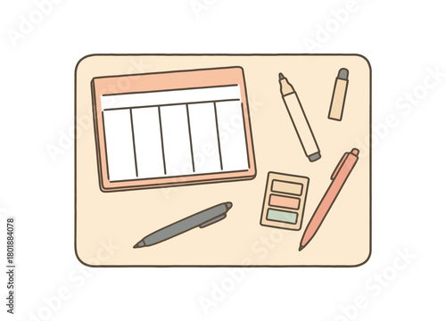 flat vector handdrawn soft palette clean outlines white background stationery desk weekly pad marker sticky flags pen desk mat no logos