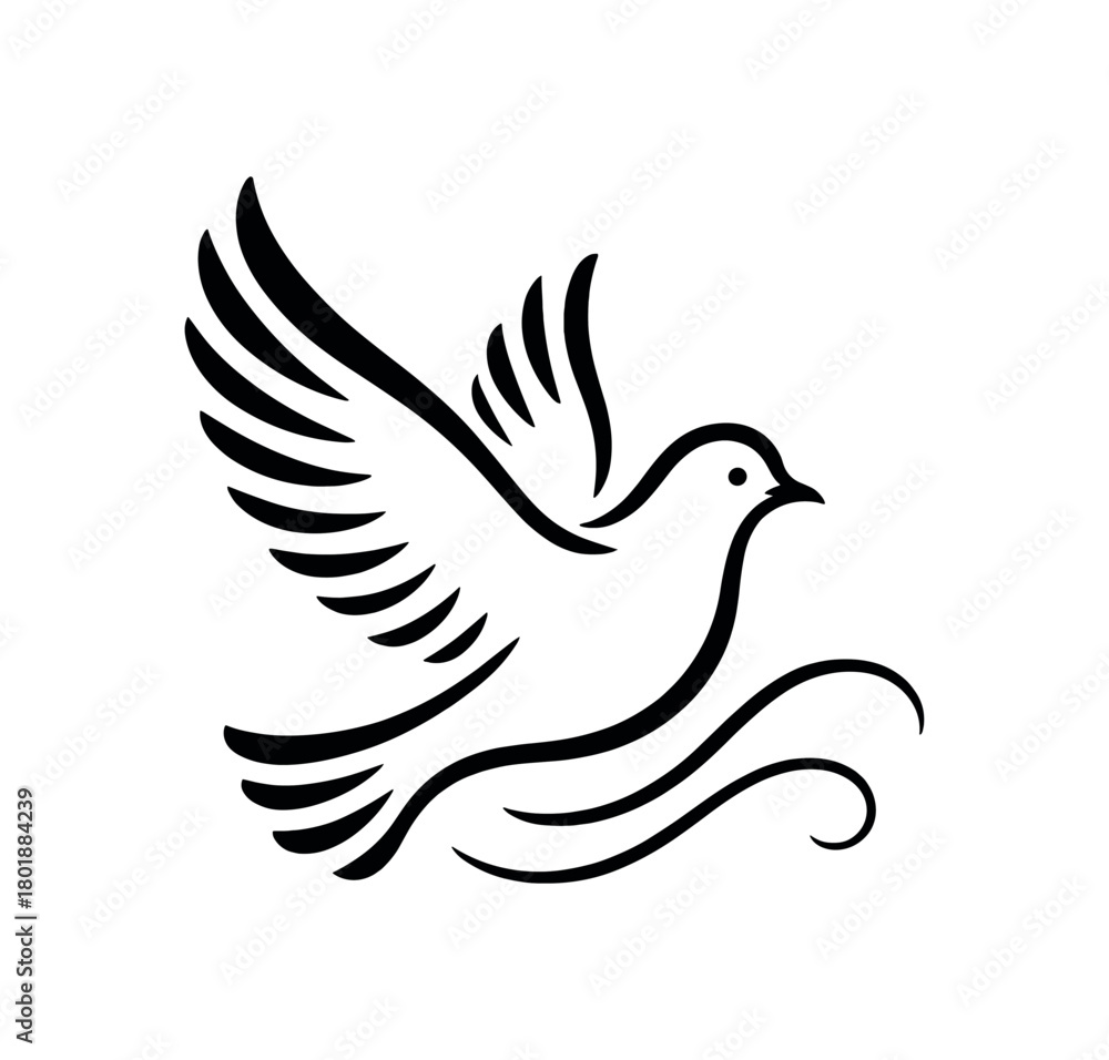 Fototapeta premium Peace dove soft flight black silhouette with wing and curve lines stillness and blessing symbol