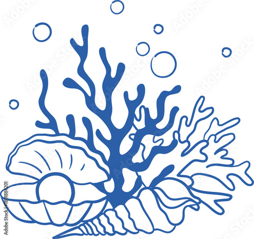 Vector hand-drawn graphic blue line art underwater composition with shells, pearl, coral and bubbles in Mediterranean style