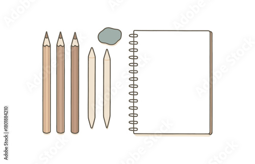 flat vector handdrawn soft palette clean outlines white background stationery desk sketch set graphite pencils kneaded eraser blending stumps sketchbook no logos