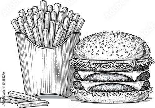 Engraving style burger and fries illustration fast food restaurant art eps silhouette