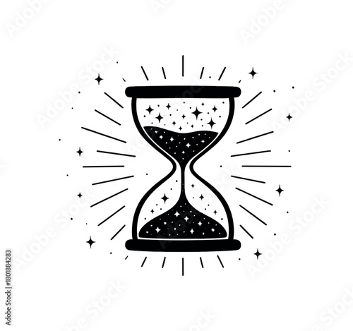Hourglass with floating sparkles black silhouette with time and shimmer lines present moment visual