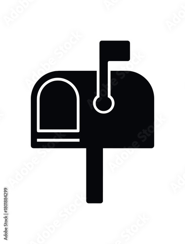Mailbox with raised flag black silhouette with lid and hinge line accents flat postal delivery icon