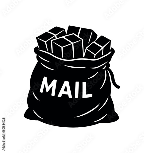 Mail sack filled with parcels black silhouette with bulge and string line accents bulk post visual