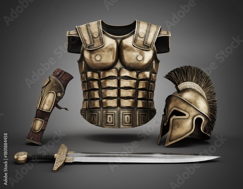 Ancient Warrior Armor Set Including Breastplate, Helm, and Sword