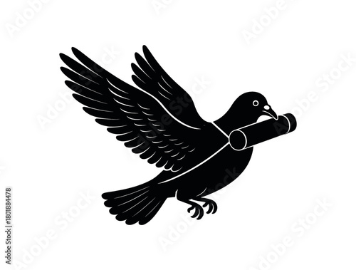 Carrier pigeon with mail tube black silhouette with wing and strap line details historic postal method