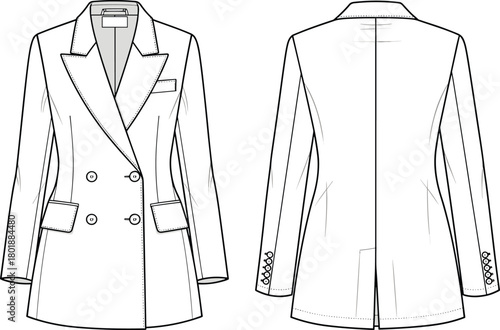 blazer, double-breasted, fashion sketch, technical drawing, flat sketch, front back view, apparel design, garment illustration, notched lapel, flap pocket, welt pocket, princess seam, button cuff