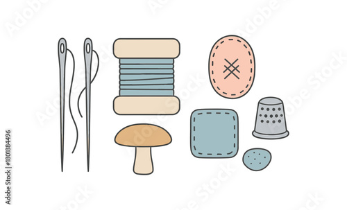 Flat vector mending and repair: sewing needles thread card patches darning mushroom thimble pastel palette clean outlines minimal centered isolated on white no logos