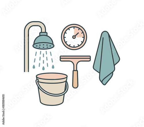 Flat vector water saving bathroom: low flow shower head timer bucket squeegee microfiber towel pastel palette clean outlines minimal centered isolated on white no logos