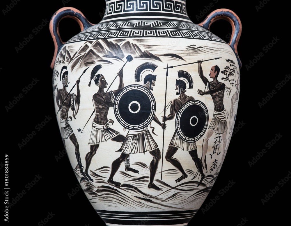 Obraz premium Ancient Greek Vase Depicting Warriors in Battle Scene Artwork