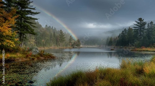 Stunning Rainbow Over a Serene Lake in an Autumn Forest Landscape.
