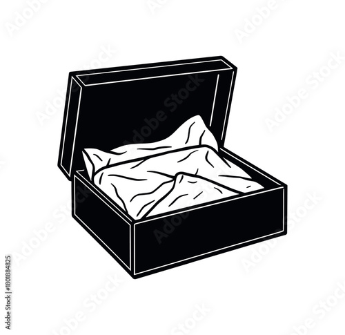 Box with tissue paper wrapping black silhouette with edge and layer line accents premium unboxing experience