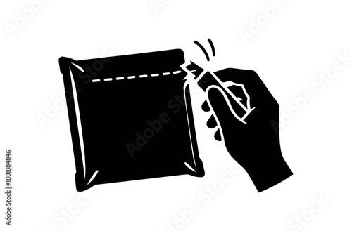 Sealed package being sliced open black silhouette with cutter and tear line accents opening gesture visual