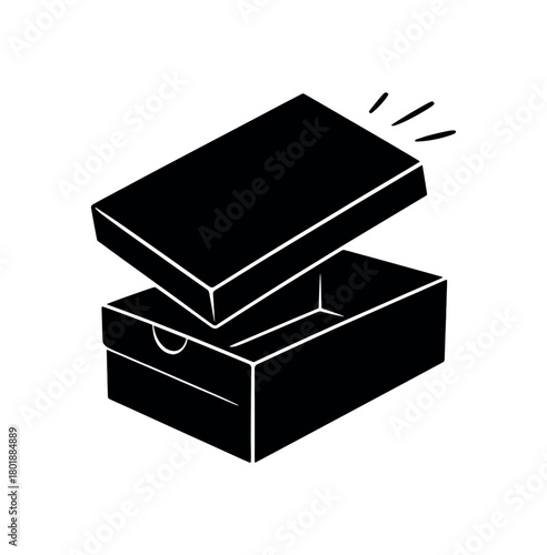 Shoebox lid sliding off black silhouette with corner and motion line accents retail unboxing scene