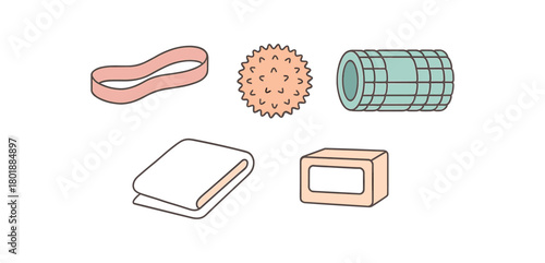 Flat vector gentle stretching set: stretch band massage ball foam roller towel timer pastel palette clean outlines minimal centered isolated on white no logos