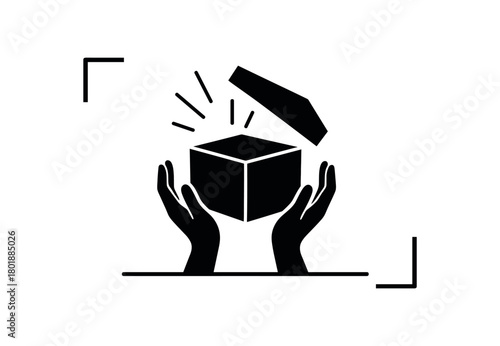Hands holding opened box above table black silhouette with lift and corner line accents excited recipient moment